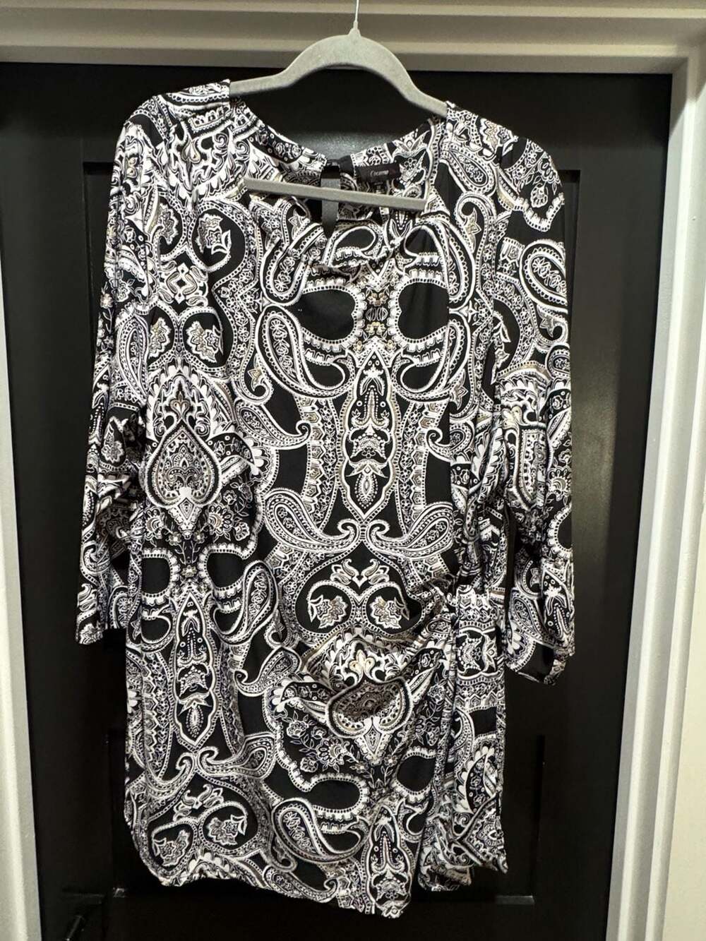 Cocomo Black White Gold Paisley Print Tunic Top 3/4 Sleeve Side Tie Plus Size 3X
